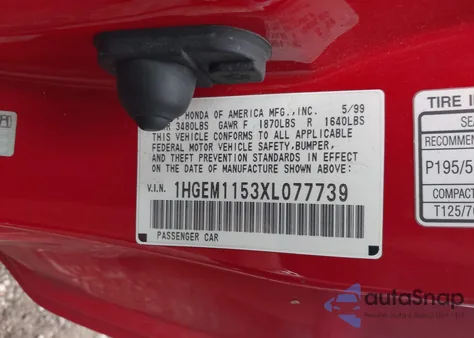 1999 Honda Civic Si from USA, damaged, VIN 1HGEM1153XL077739